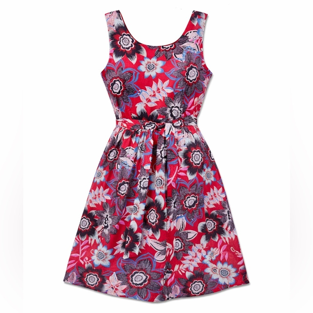 Talbots Red Jacquard Floral Tie Waist Fit & Flare Dress 10P Cotton Preppy Summer